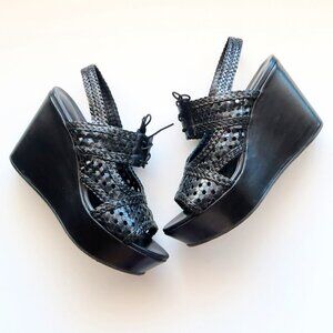 Stephane Kelian Black Leather Platform Wedge Heel Lace Up Sandals / Summer Shoes
